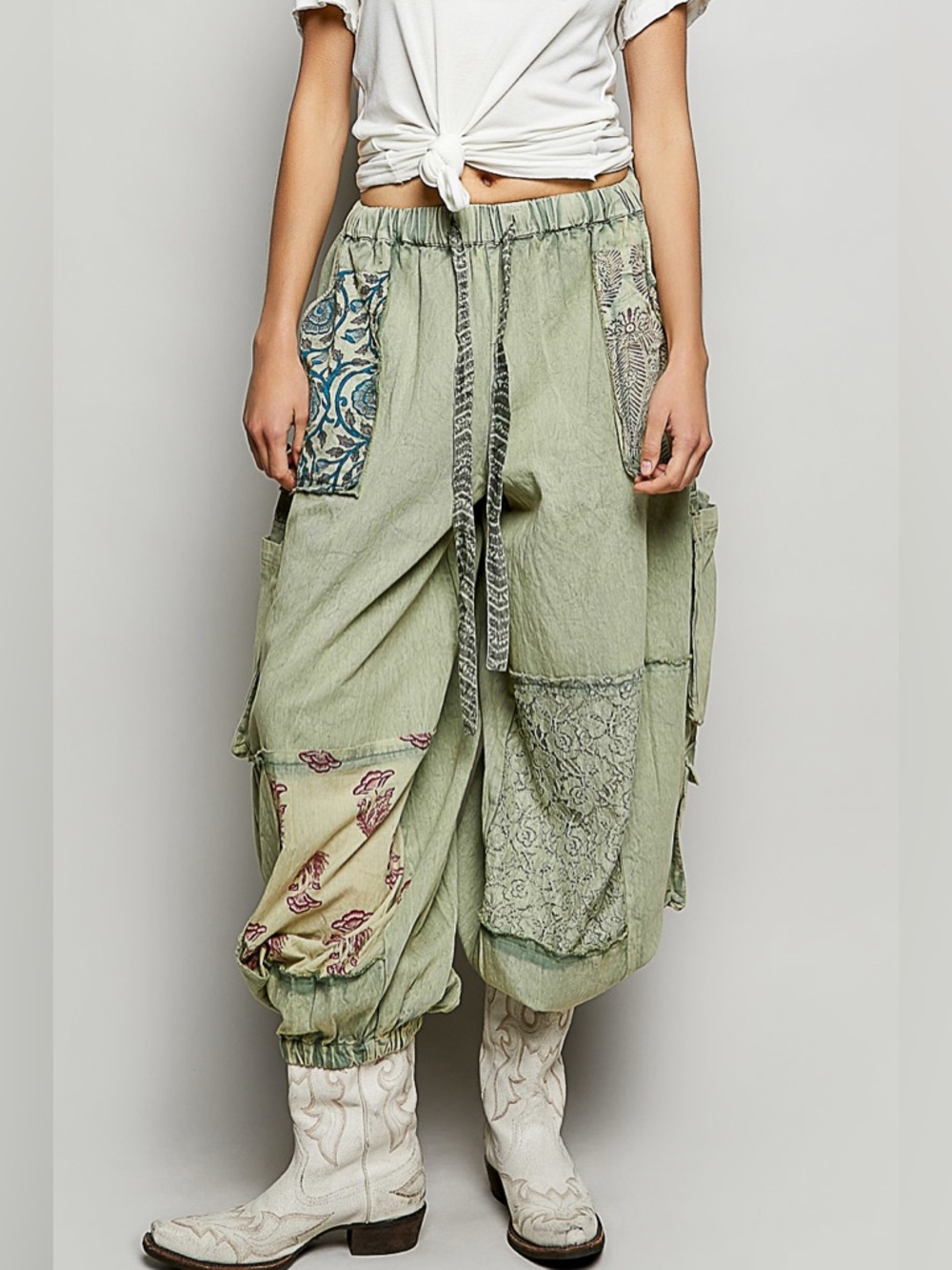 Side Drawstring Printed Patchwork Utility
Straight Leg Pants
